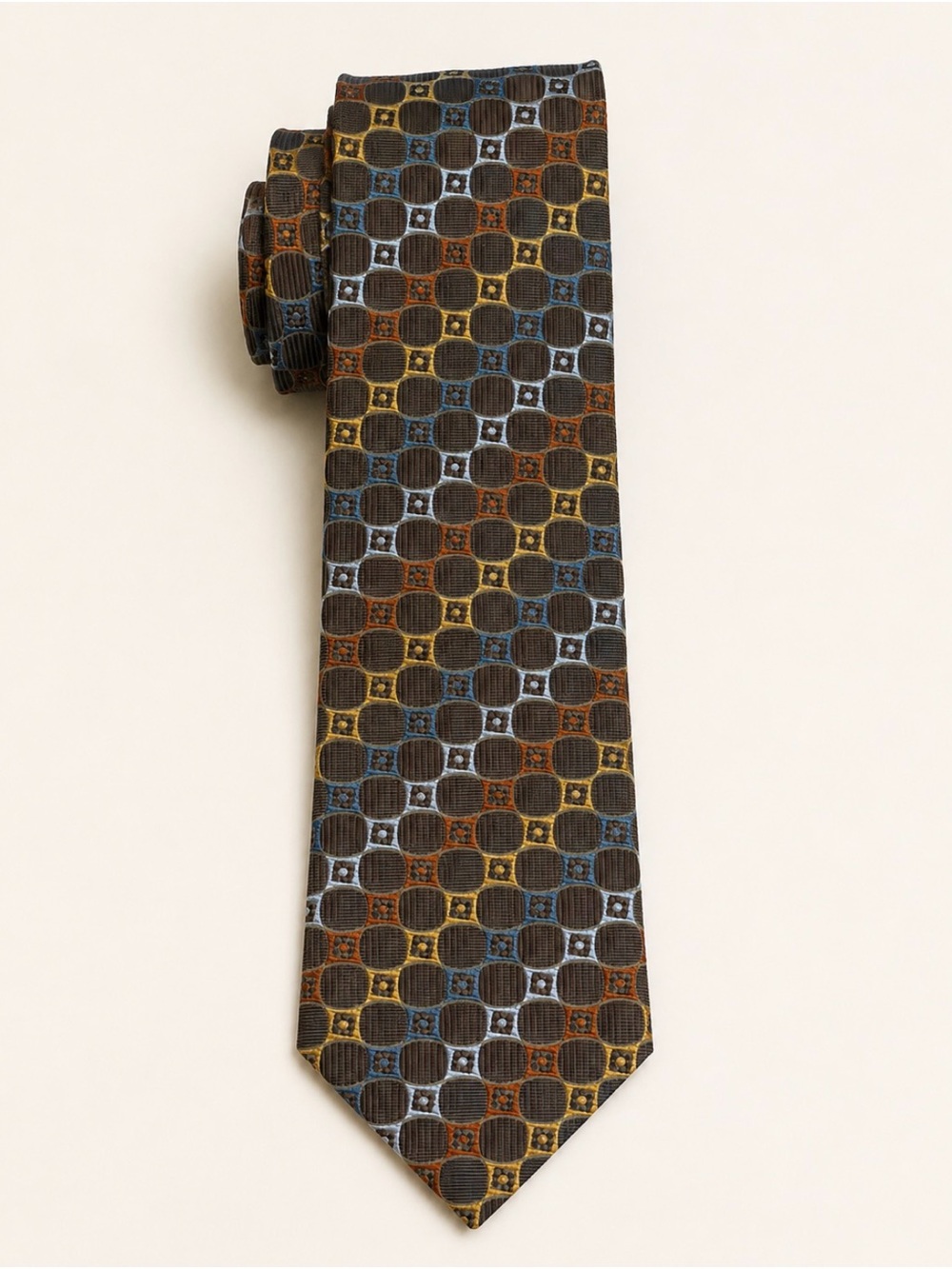 XMI Platinum Brown Geometric Italian Silk Handmade USA Tie
